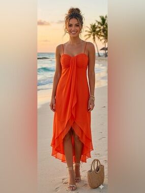 MASSIMA Women's Orange Spaghetti-Strap Ruffled High-Low Dress SIZE 9